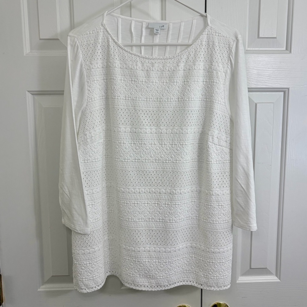 J. Jill White Floral Scoop Neck Long Sleeve Tunic Top Size Large Petite